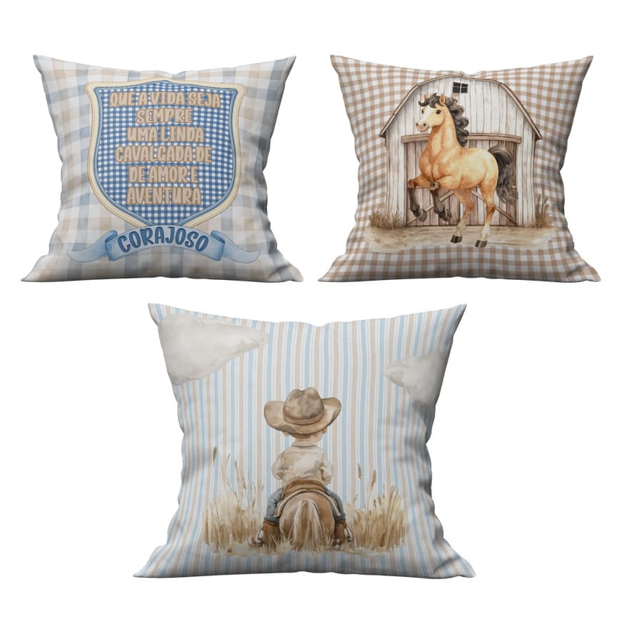 Kit c/3 Capas de Almofada decorativa Menino Cowboy Quarto do Bebê 40x40 cm