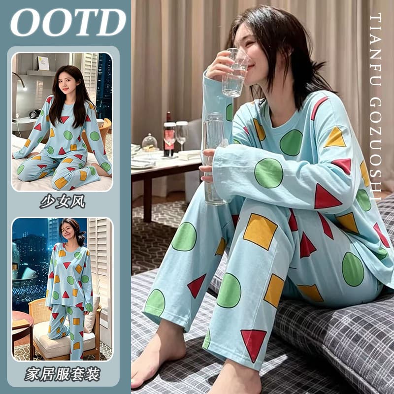 Conjunto De Pijama Feminino Coreano De Desenho Animado Manga Comprida Soft Roupa De Dormir Confortável Para Salão Casual