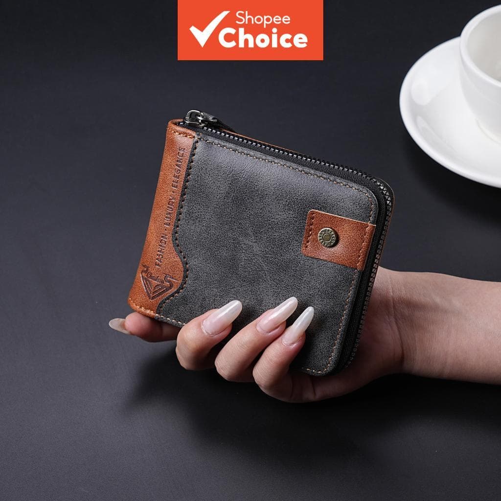 Carteira Curta Dupla Dobrável Masculina Com Zíper , Acabamento Em Couro , Vários Cartões , Bolso Para Moedas E Janela De