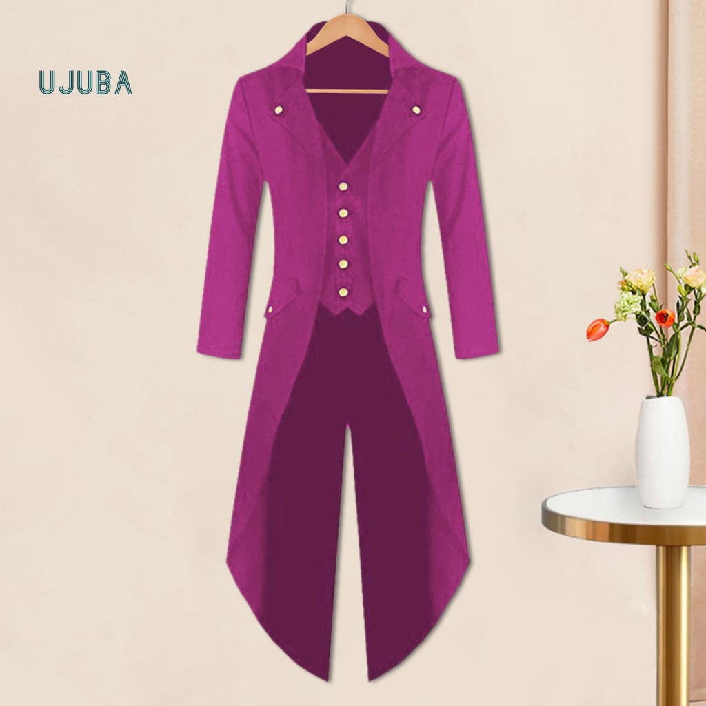 Men Retro Formal Wear Men's Gothic Tailcoat Lapel Long Sleeve Medieval Style Single Breasted Mid-length Waistcoat Tuxedo