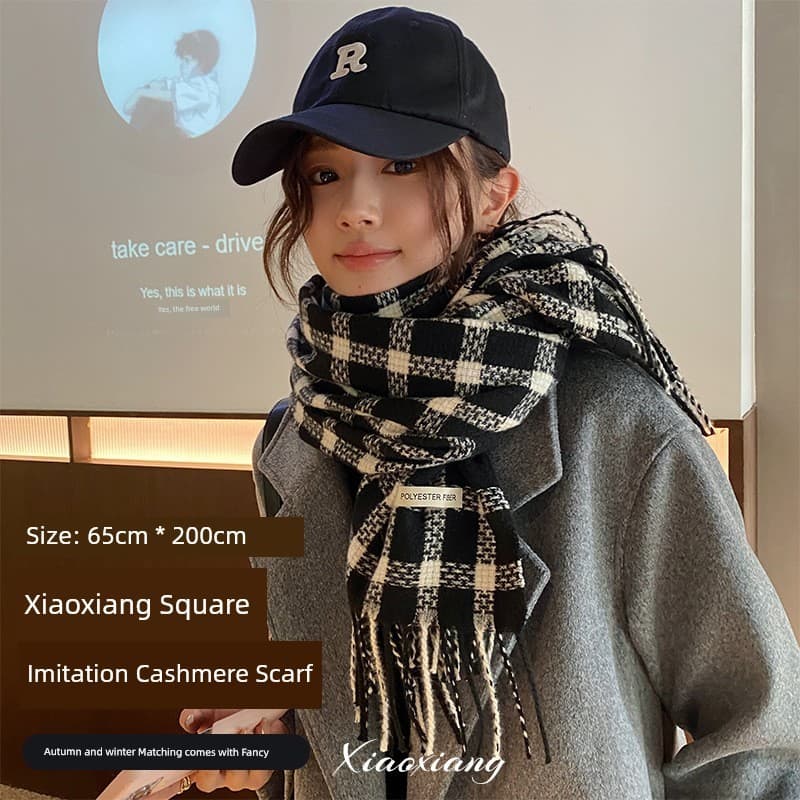 Inverno versão coreana xadrez imitação de caxemira cachecol feminino atmosfera sentir pequena fragrância engrossado quen