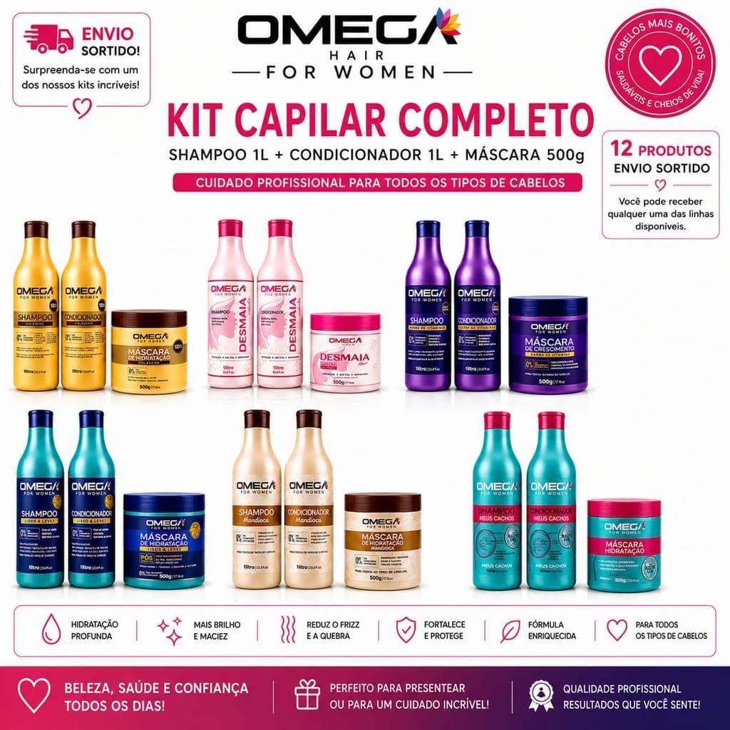 12 Produtos - Kit Capilar Omega Hair Shampoo 1L Condicionador 1L Máscara 500g Sortido