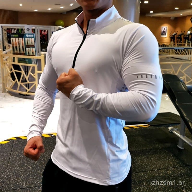 Camiseta Masculina de Manga Longa com Zíper e Secagem Rápida para Academia/Ciclismo