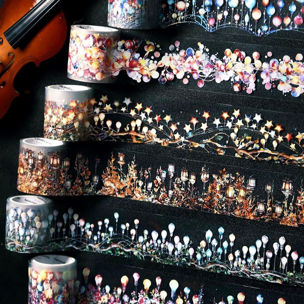 6 Rolos de Fita Adesiva Holográfica PET para Diário, Fita Washi Brilhante da Série Luzes Românticas, Adesivos de Fita Wa