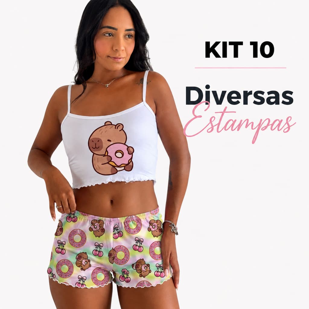 Kit 10 Babydoll Pijama Feminino Cropped de Alcinha Shortinho Personagens