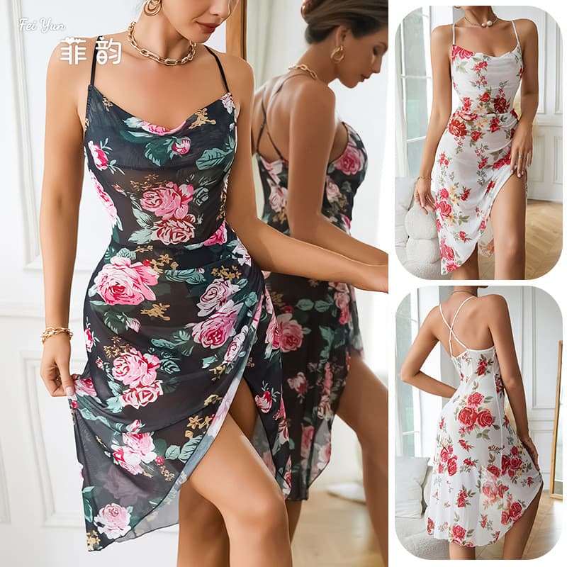 Novo estilo gaze Floral estilingue saia impressa estilingue gola tubo superior saia Irregular bainha estilingue Loungewe