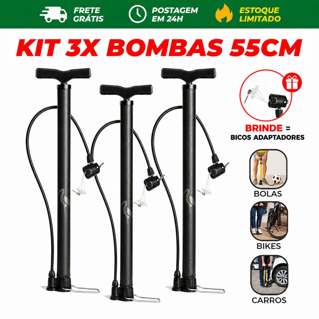3 Bomba de Ar FBG 55cm Encher Pneu Moto Bike Bola Boia