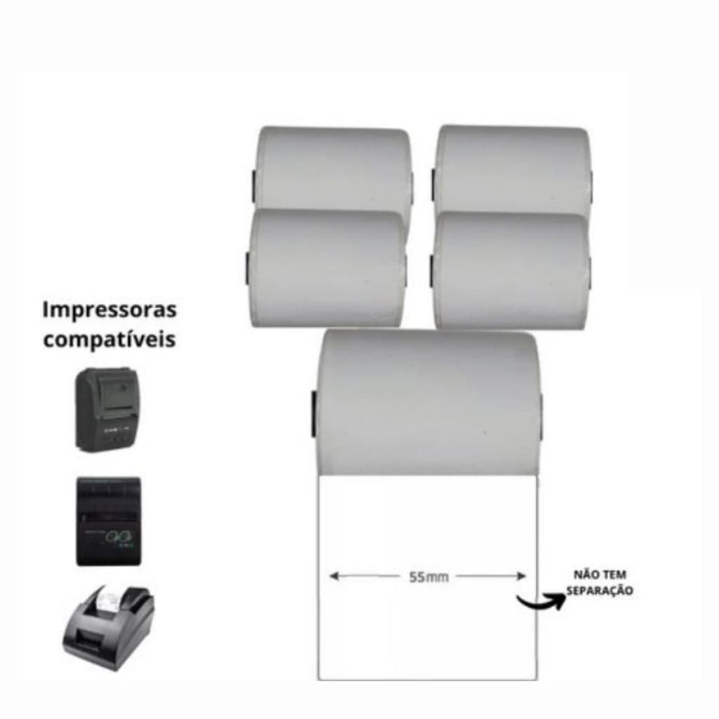 5 Rolos Etiqueta Térmica Continua P/ Mini Impressora - 55mm