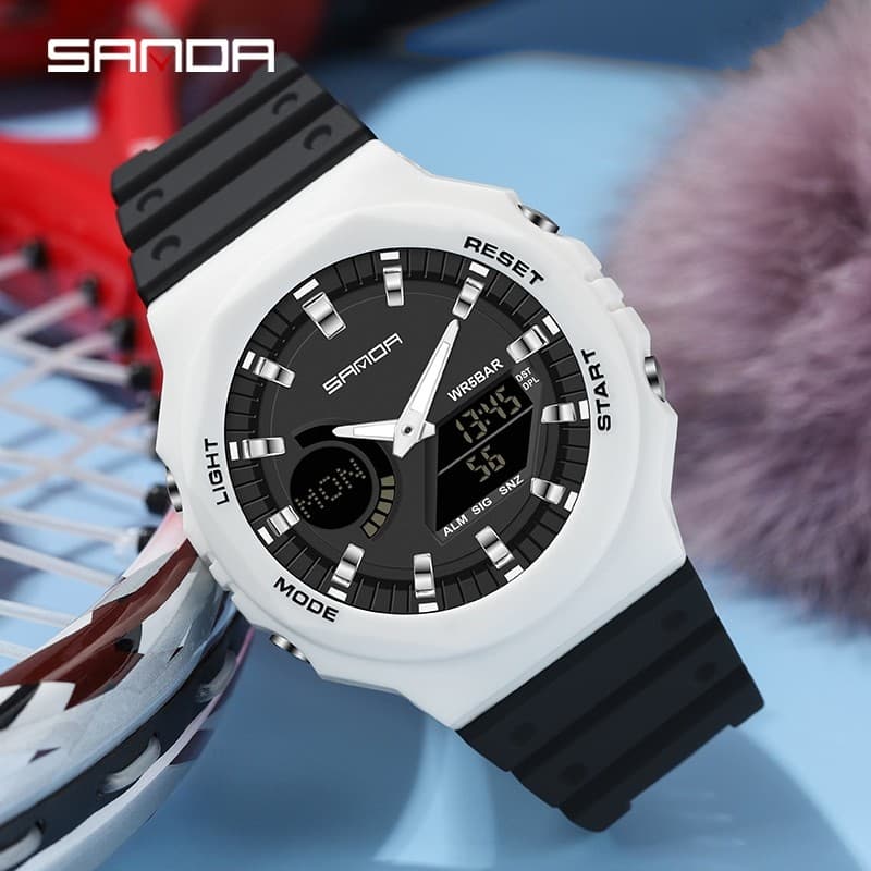 SANDA Relógio Feminino Luxuoso Luminoso Com Display Duplo 6016-3