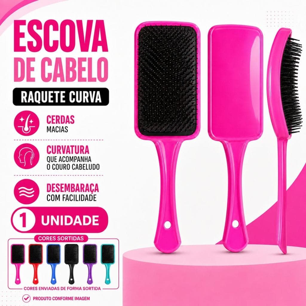 Escova Raquete Flex Curva Desembaraçadora com Cerdas Distribuídas e Cabo Anatômico - Sortida
