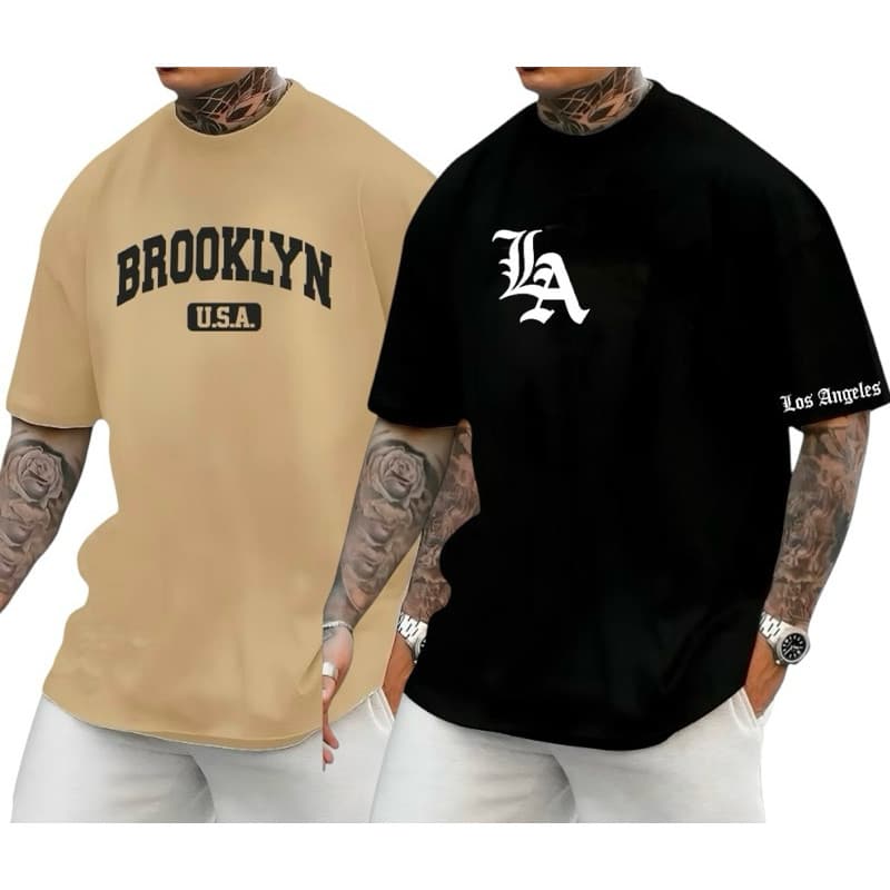 Kit 2 Camiseta básica  Masculina Los Angeles Brooklyn 100% Algodão