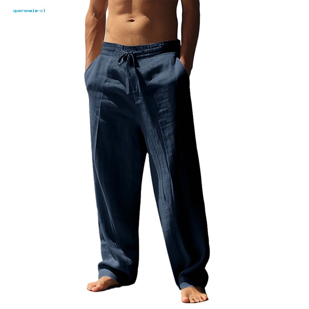 Loose Fit Trousers Adjustable Waist Men's Casual Drawstring Pants Straight Leg Summer for Yoga Beach Holiday Vacation We