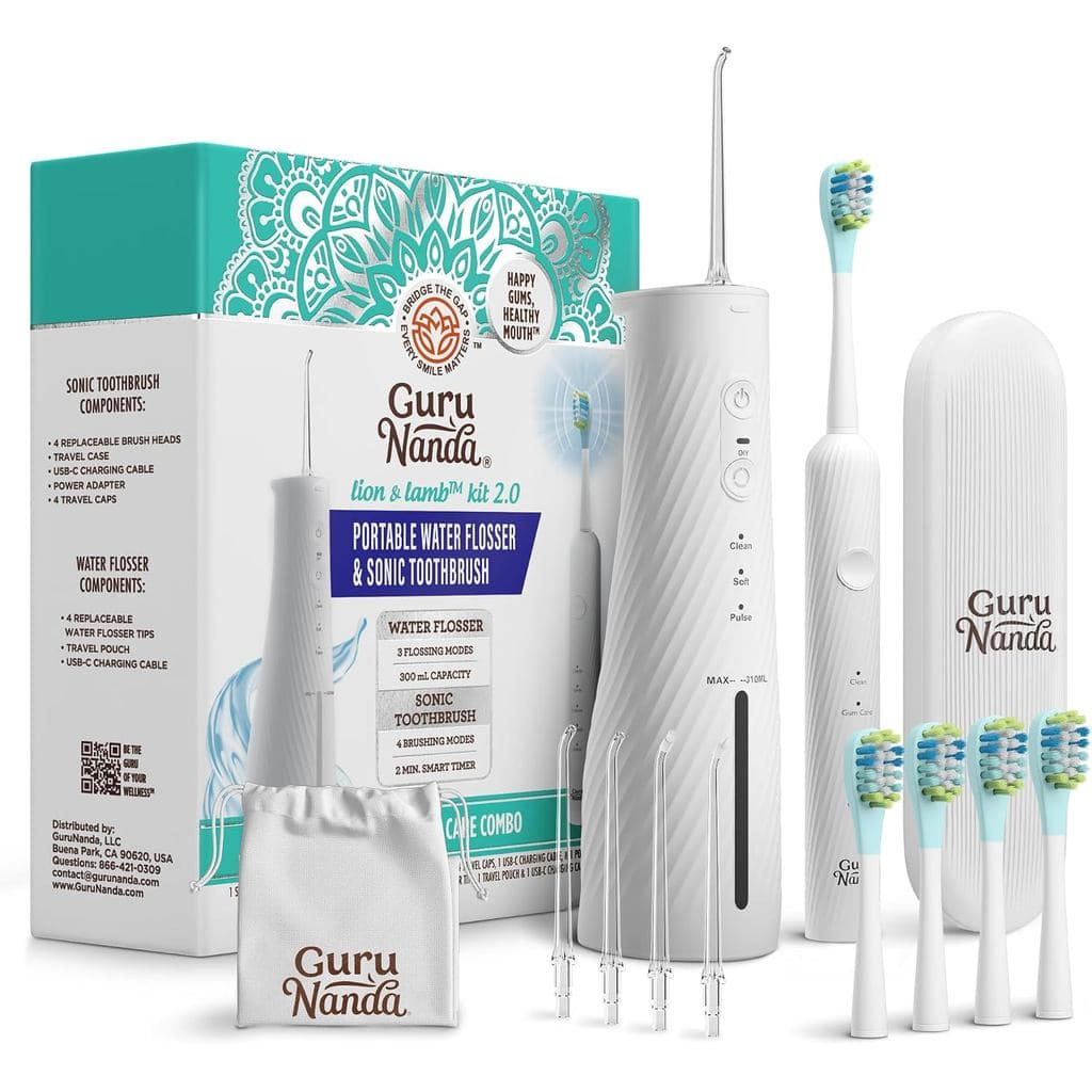 GuruNanda Lion & Lamb Kit 2.0, Escova de Dentes Elétrica com Jato de Água, 4 Pontas de Jato, 4 Cabeças de Escova e Desig