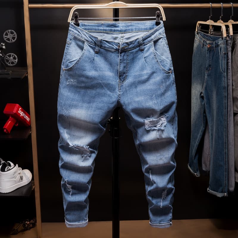 Verão tamanho grande Jeans masculino rasgado rua Wear solto calças magras tornozelo comprimento calças na moda gordura c