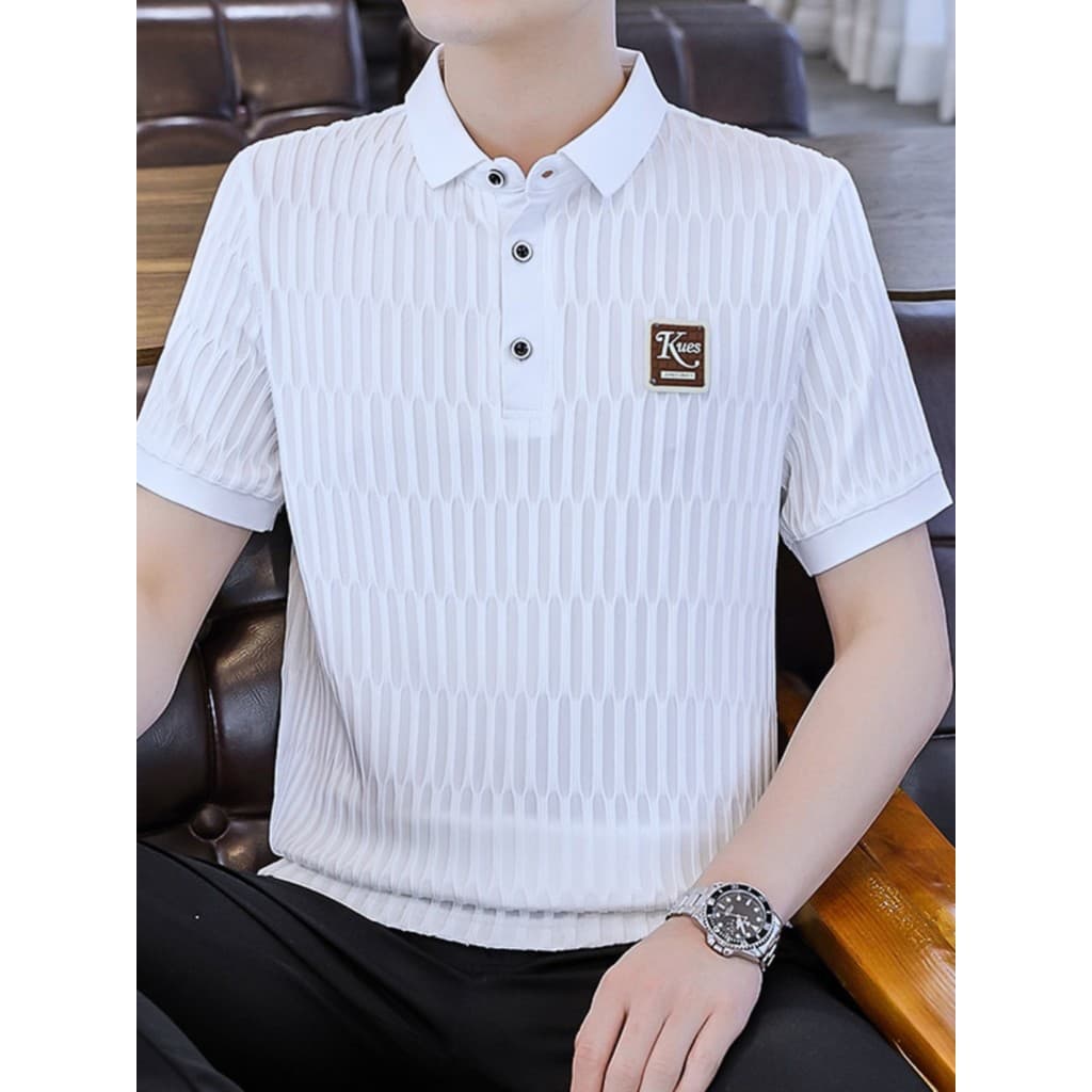 Jacquard oco camiseta de manga curta masculina verão gelo seda lapela topo juventude Casual bonito meia manga polo de fu