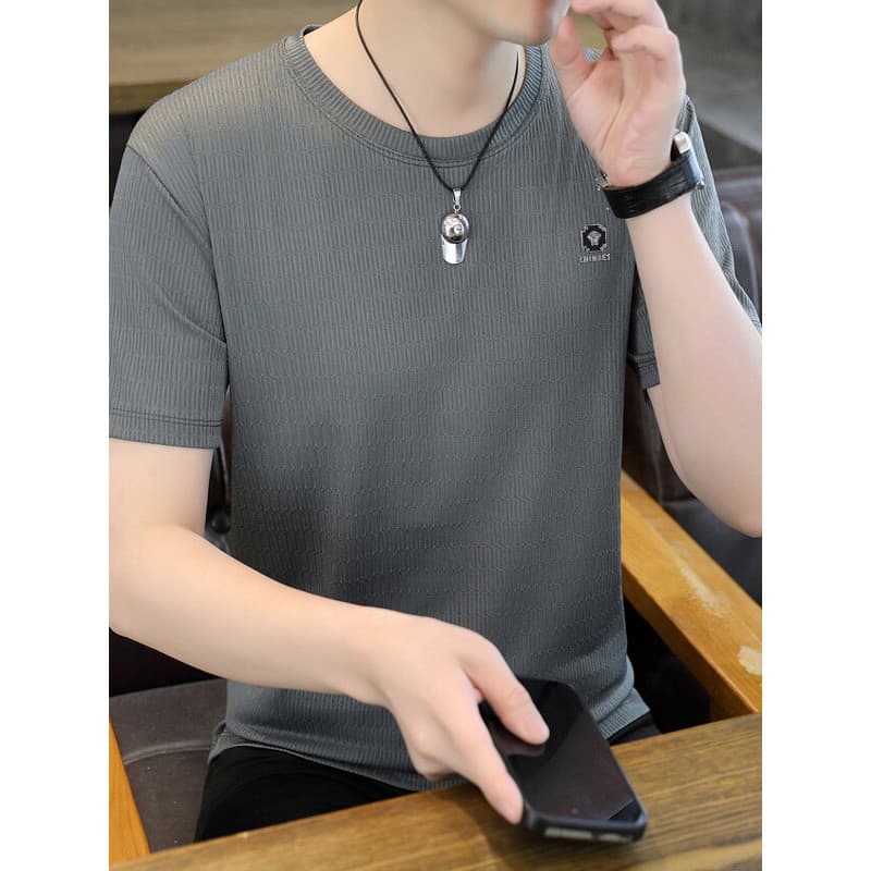 Camiseta masculina listrada de seda gelo de manga curta verão fino respirável topo juventude camiseta negócios Casual me