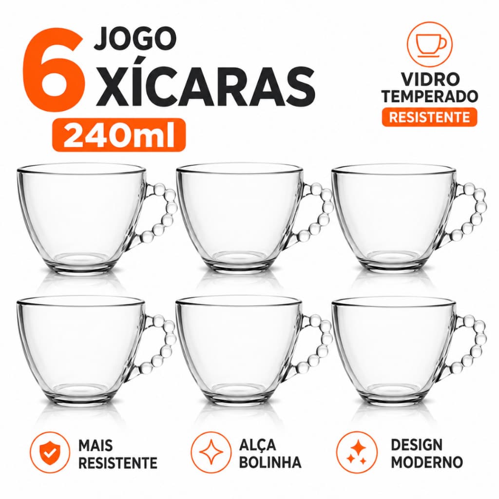 Jogo 6 Xícaras De Vidro Temperado Café Chá Alça Bubble 240ml Capuccino Cozinha - Casutil