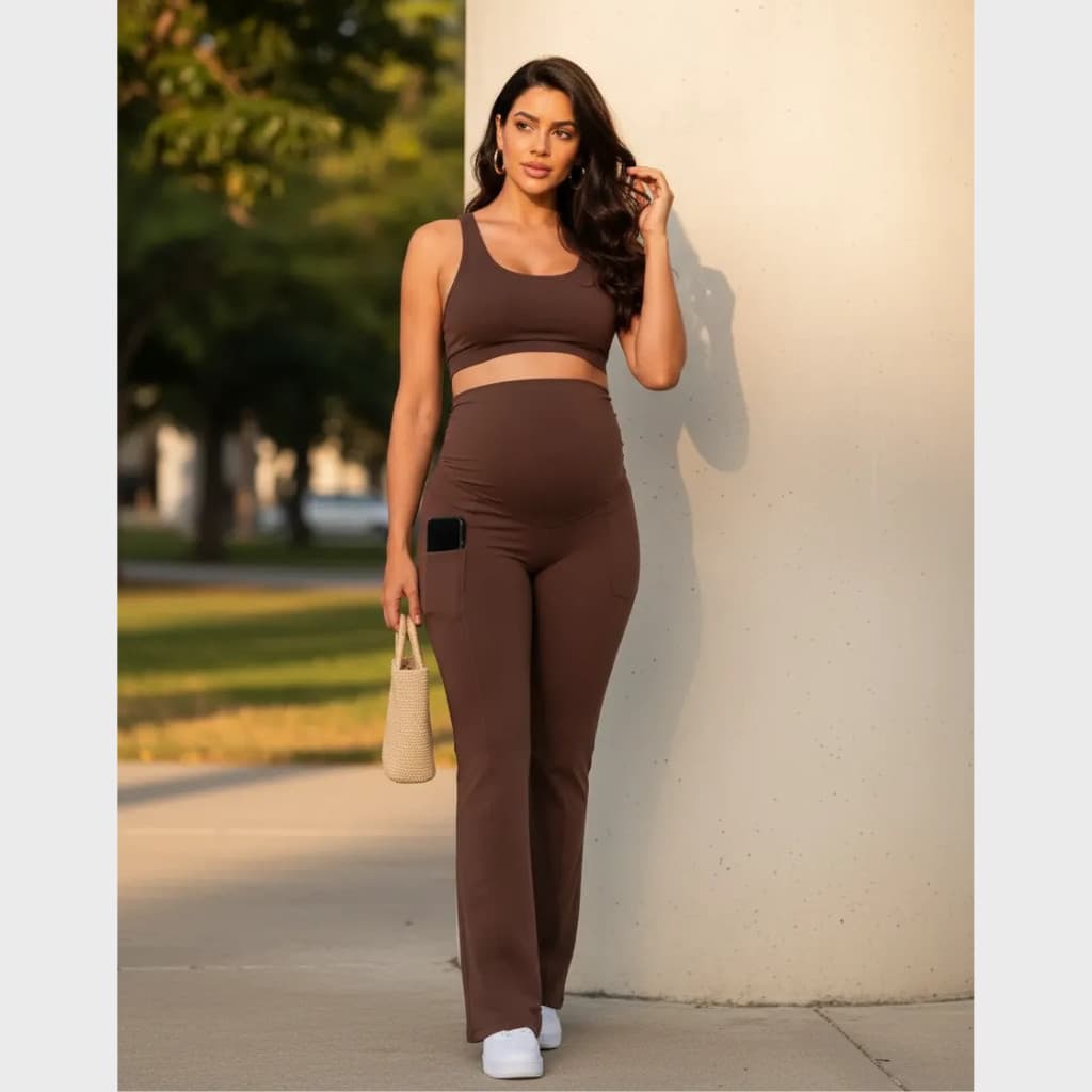Conjunto Gestante Fitness Legging Flare Com Bolso + Top