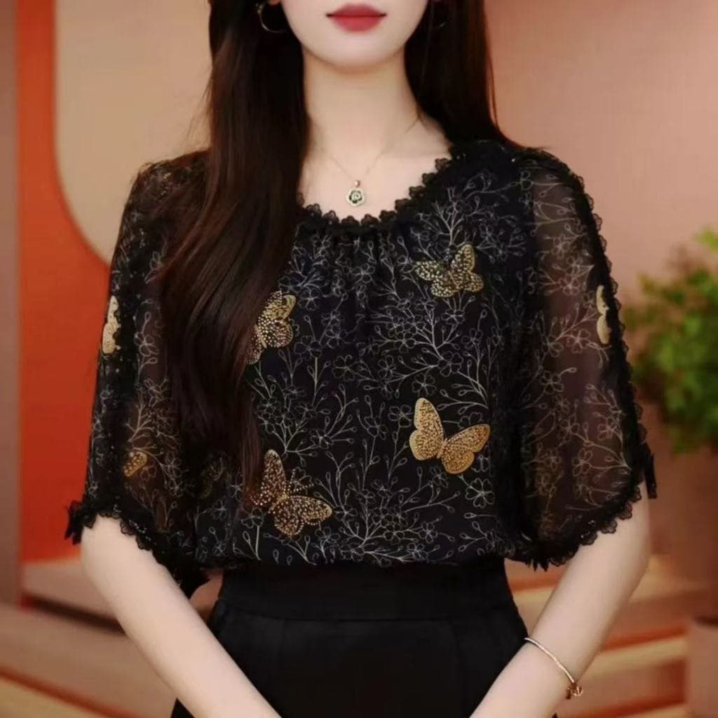 Camisa Blusa Feminina Estilo Coreano Solta com Estampa Floral de Manga Curta, Novo Vestido Longo VIBY