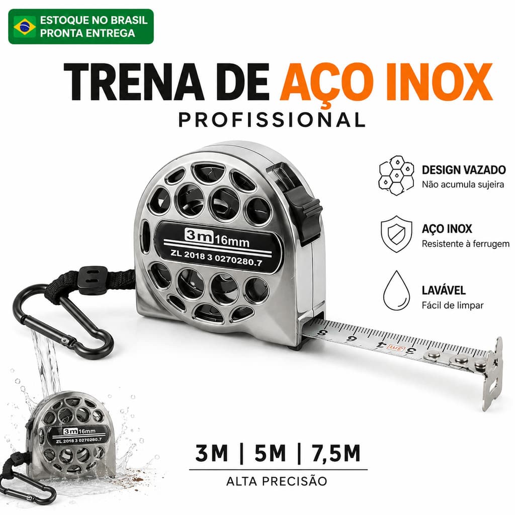 Trena Aço Inox Vazada Profissional Fita Métrica Lavável À Prova D'água Antiferrugem Alta Precisão 3m 5m 7,5m