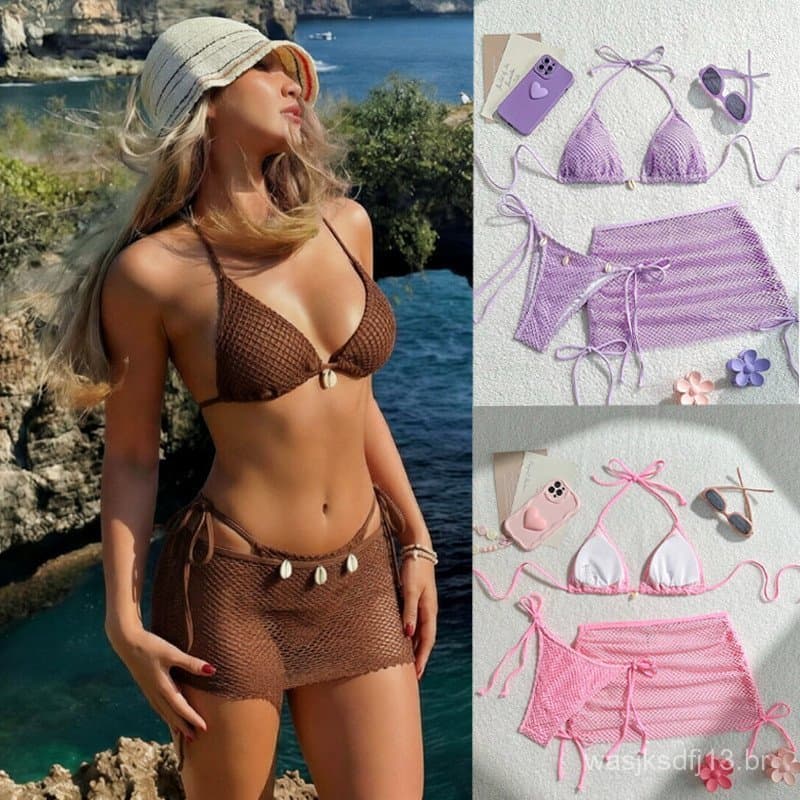Conjunto Biquíni 3 Peças Malha Vazada Com Bojo Saia de Praia Novo Biquíni Bikini Maiô Feminino