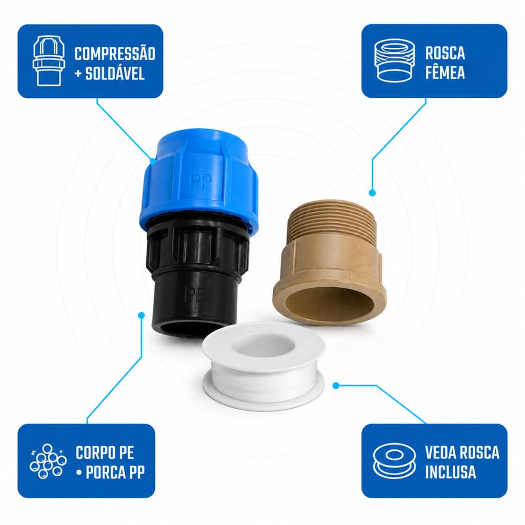 Kit 20 Adaptador PEAD Compressão Rosca Femea 63x2 +  20 Adaptador Soldável Curto 60x2 Veda Rosca Converte Mangueira PEAD