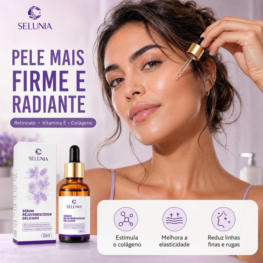 Sérum Facial Selunia Anti Idade 30ml com Retinoato, Vitamina E e Colágeno - Pele Mais Firme, Hidratada e Uniforme