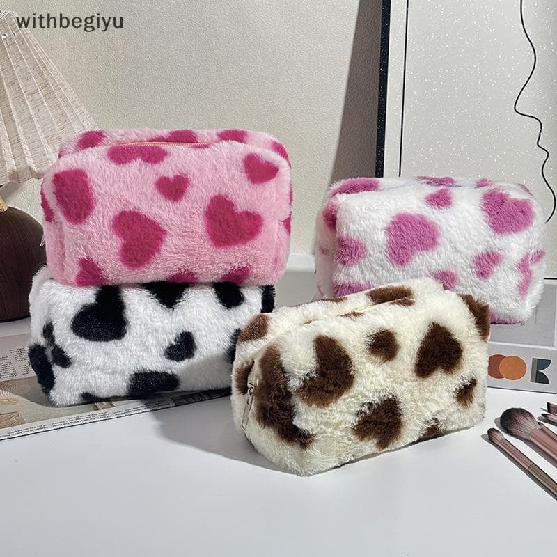 dfd Bonito Doce Coração Padrão De Pelúcia Lápis Caso Feminino Grande Capacidade Saco Cosmético Viagem Portátil Sacos Arm