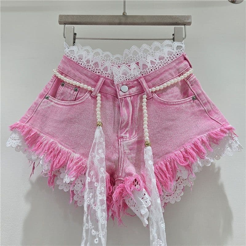 Verão Denim Shorts Nova Emenda Gancho Flor Renda Com Cintura Corda Borla Feminino Calças Quentes Tendência