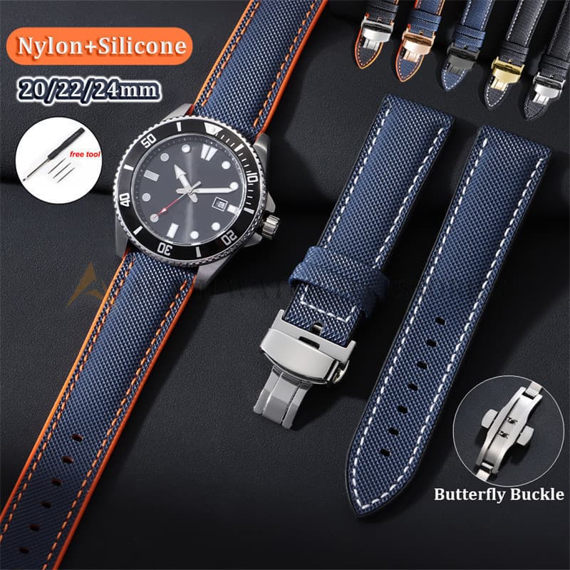 Pulseira de relógio de silicone e nylon, 20mm 22mm 24mm, com fecho borboleta, tipo universal macio, adequada para esport