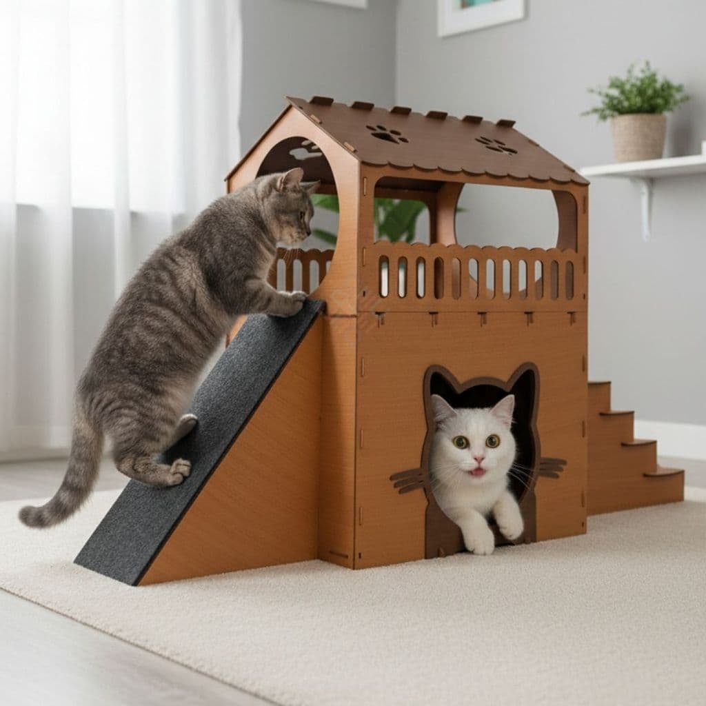 Playground Para Gatos Com 2 Nichos Casinha Pet Arranhador Escada Rampa Casa De Gato Confortável Luxo