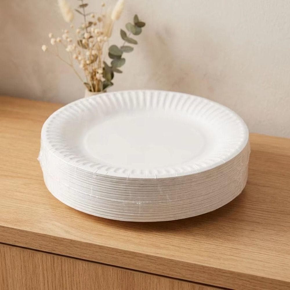 Placas De Papel Descartáveis De 50 Pces , Utensílios De Mesa Brancos Redondos , Bandeja De Servir Casamento Compostável