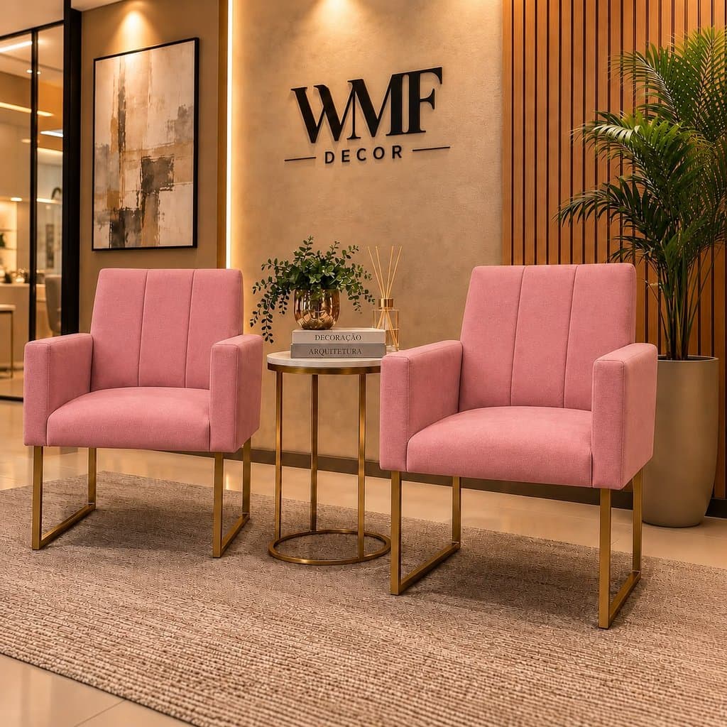 Kit de 2 Poltrona Mônaco Decorativas com Braço Base de Ferro - Conforto e Elegância para Sala e Recepção