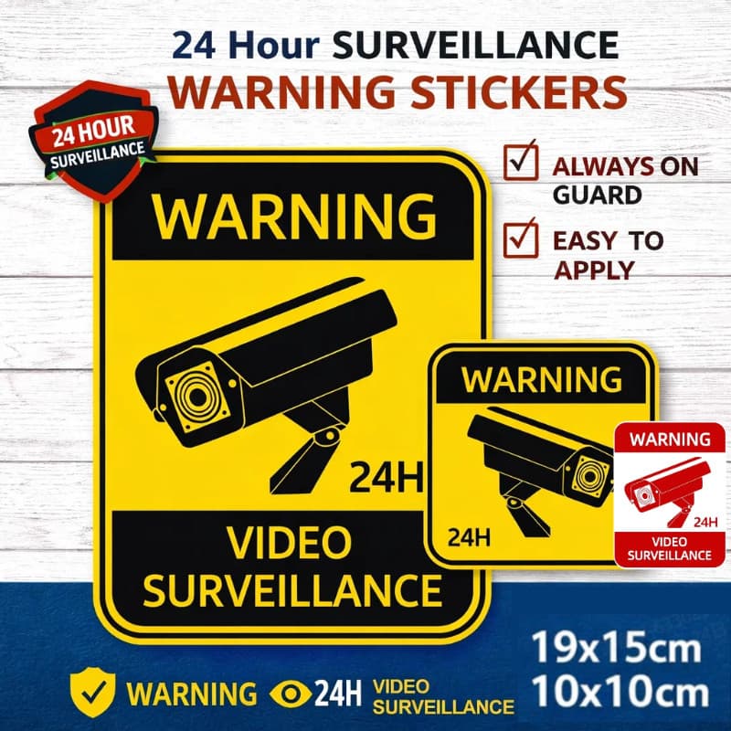 Adesivos de advertência à prova d'água para vigilância 24 horas em veículos, para uso no capô e na carroceria.