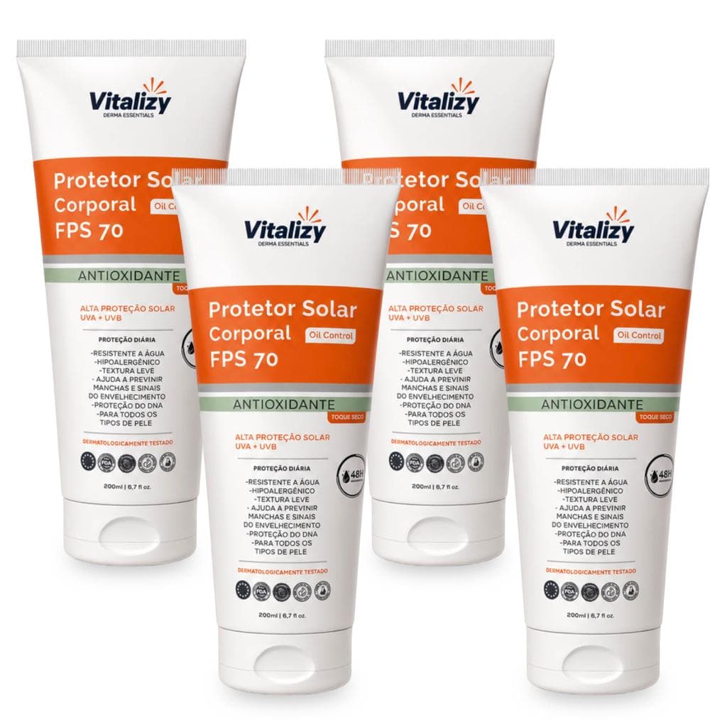 Kit 4x200ml Protetor Solar Corporal 70 FPS Oil Control Antioxidante Toque Seco Alta Proteção Solar UVA UVB Vitalizy
