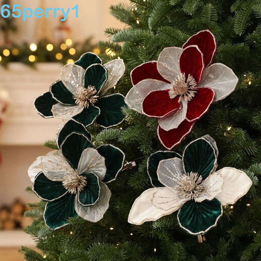 PERRY1 Flor De Natal Artificial , Ornamento De Poinsétia Espumante Realista , Textura De Veludo