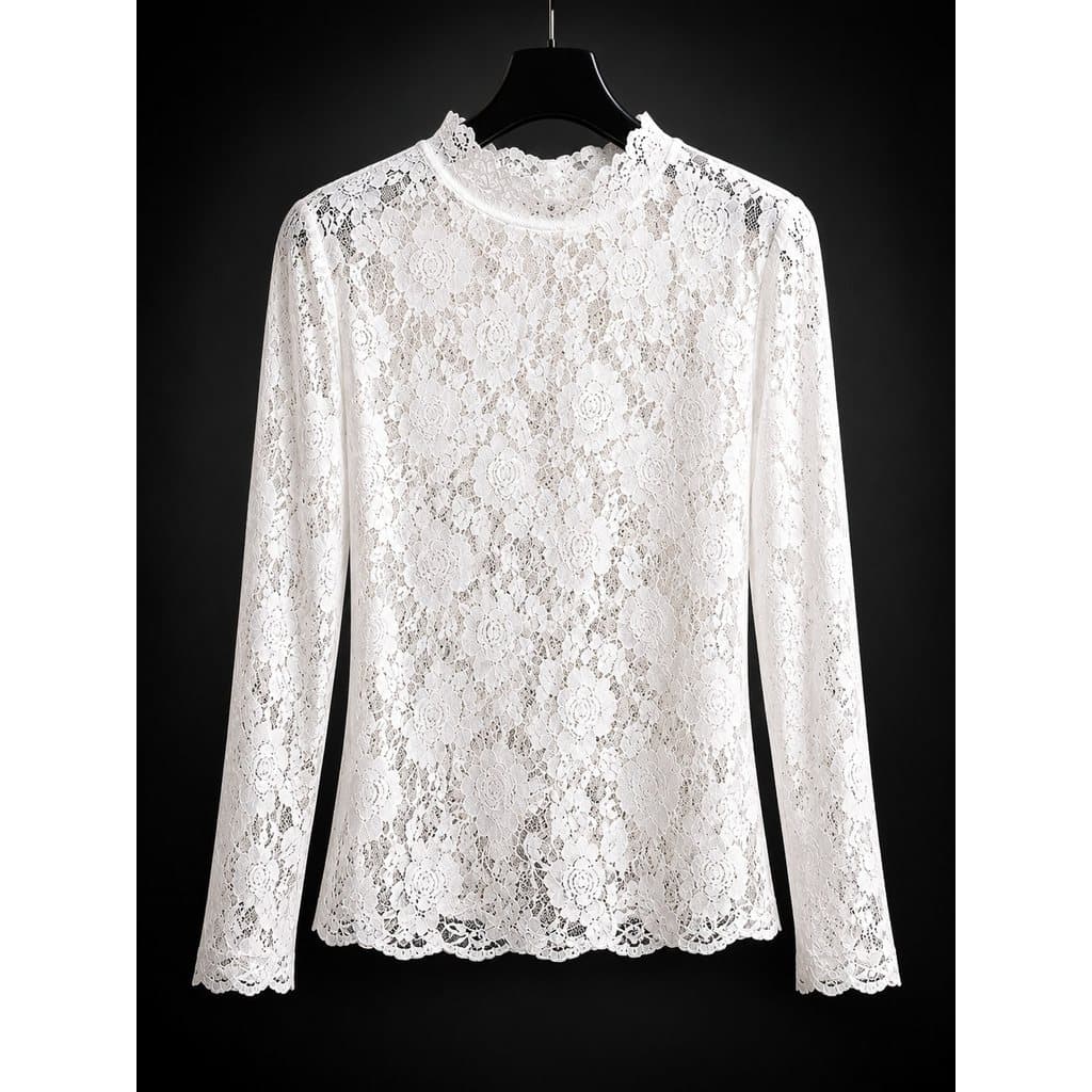 Blusa Feminina de Renda Floral Manga Longa Gola Alta Transparente Elegante Romântica Festa Casual Chic