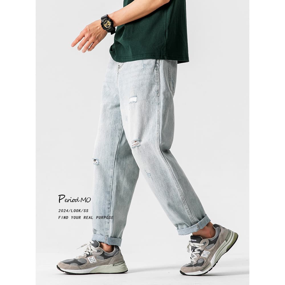 American street lavado branco luz azul rasgado Jeans masculino street Wear verão estilo fino solto em linha reta tornoze
