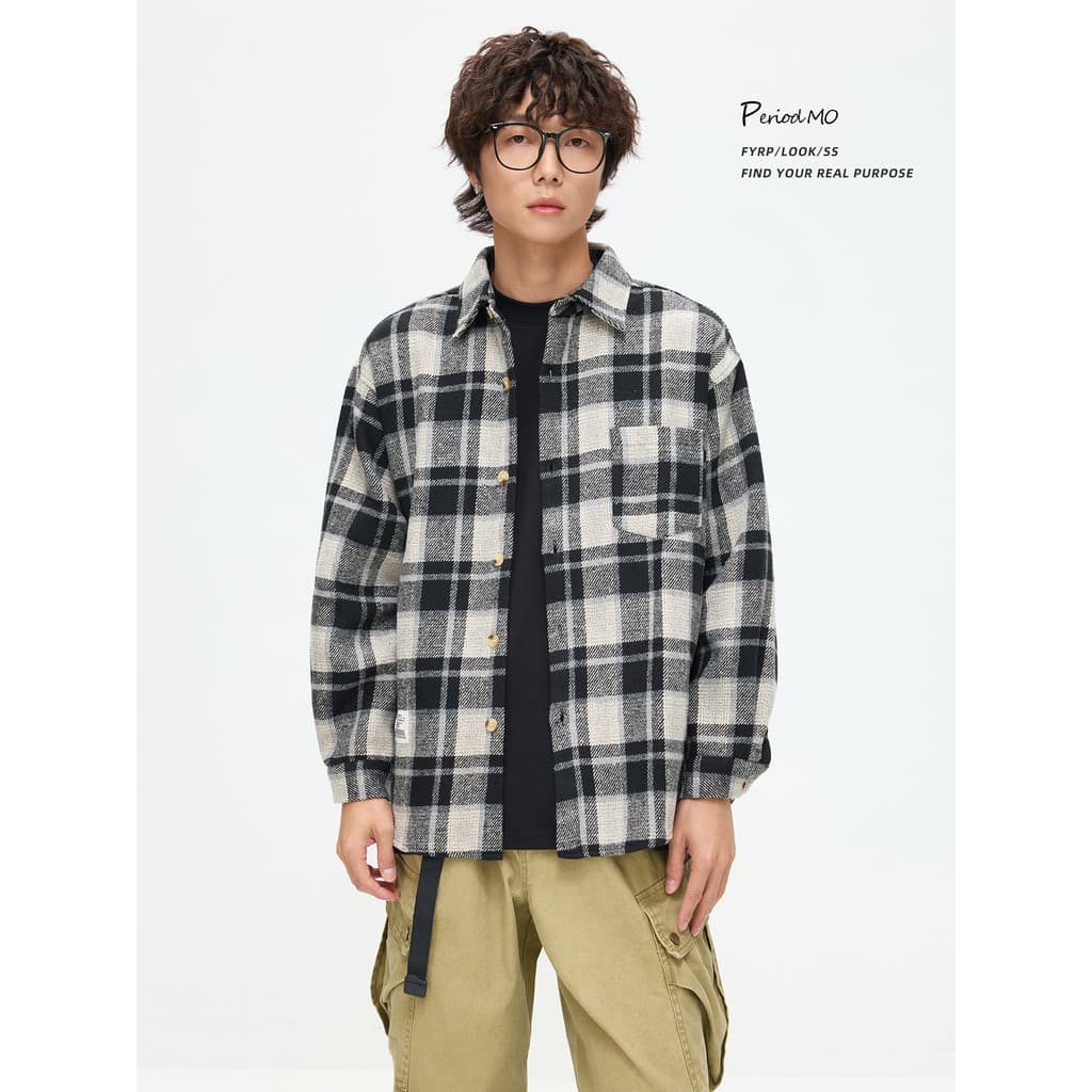FYRP Momo Outono Inverno Pesado Grosso Escovado Camisa Xadrez de Manga Comprida Homens Mulheres Street Wear Casal Camisa