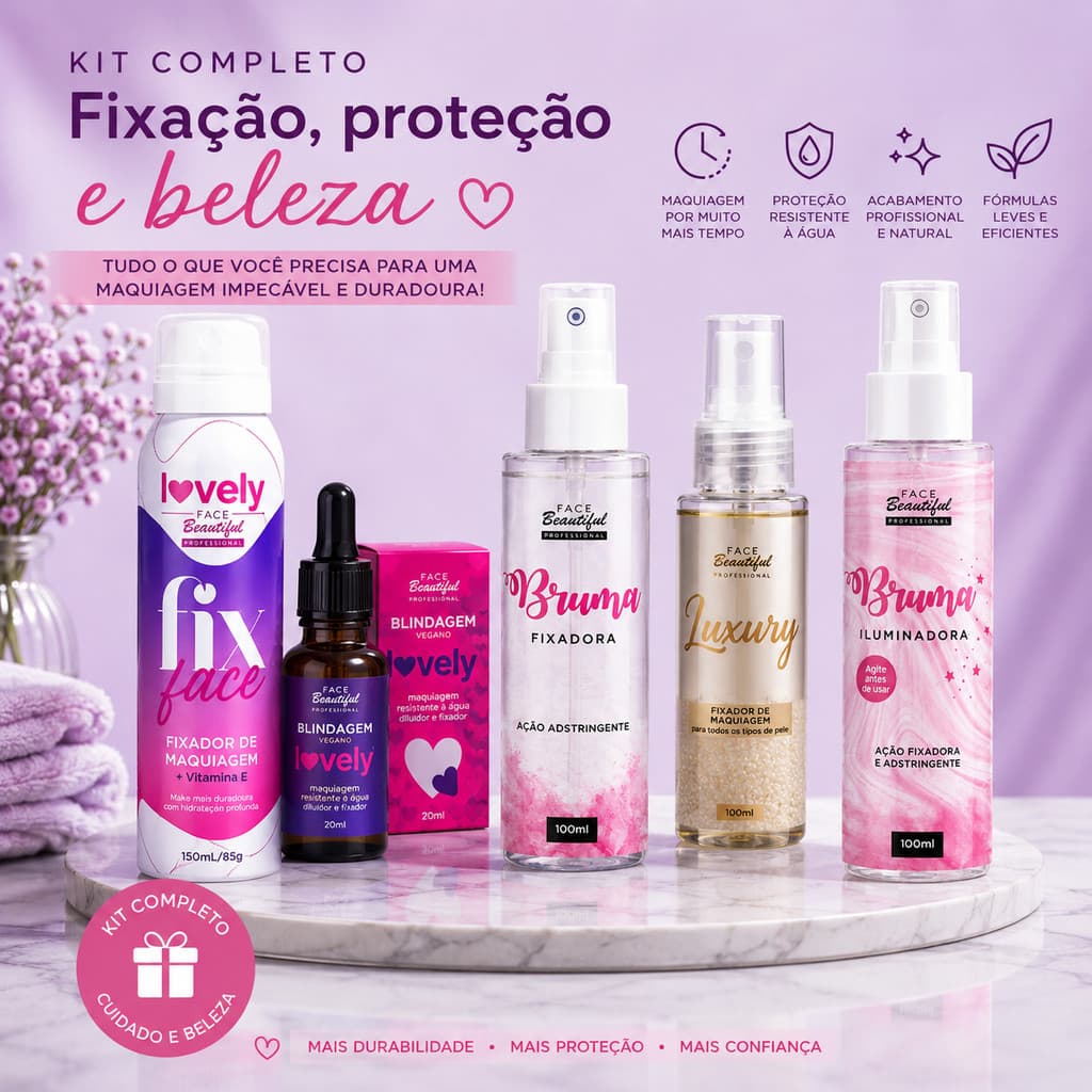 Kit 5 Produtos Face Beautiful Fixador Maquiagem Bruma Fixadora Iluminadora Blindagem Vegana Lovely