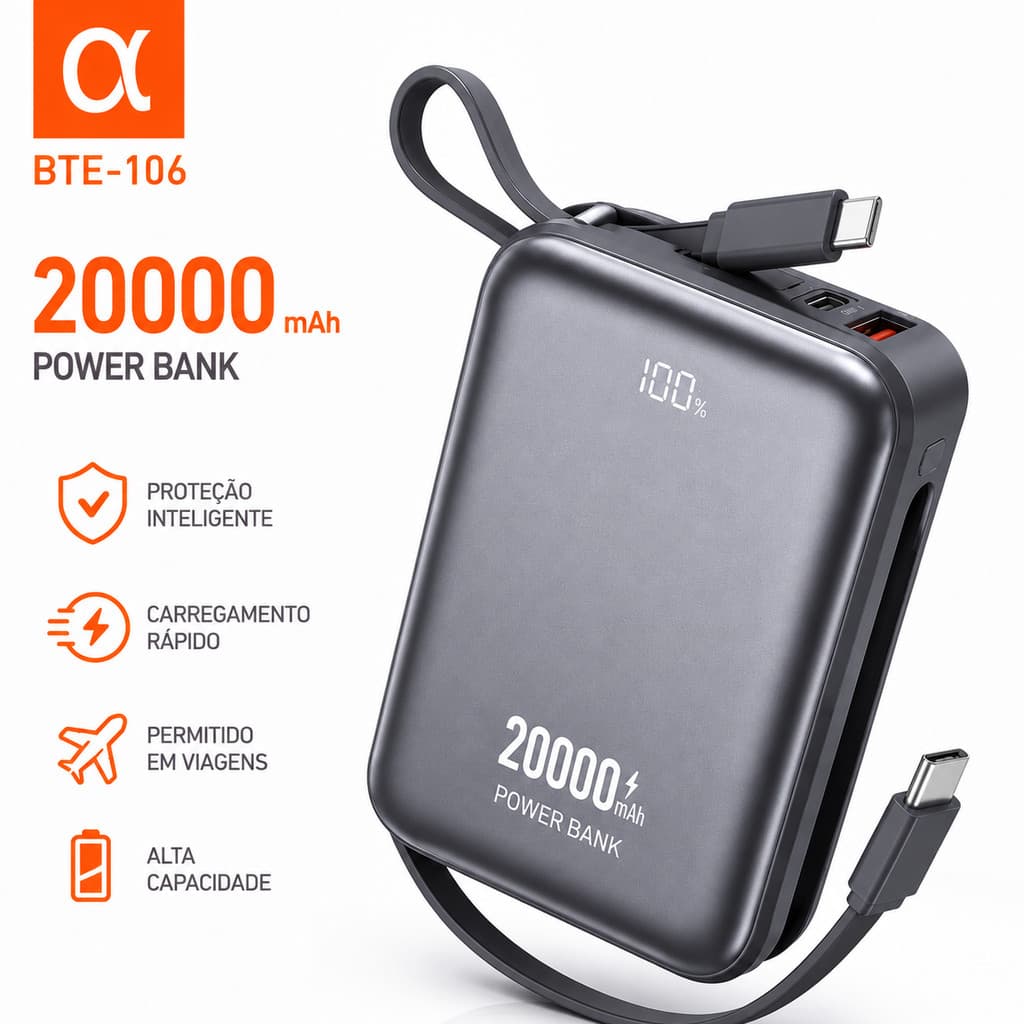 Power Bank 20.000mah  Turbo Carregador Portátil 45w BTE-106 COR SORTIDAS