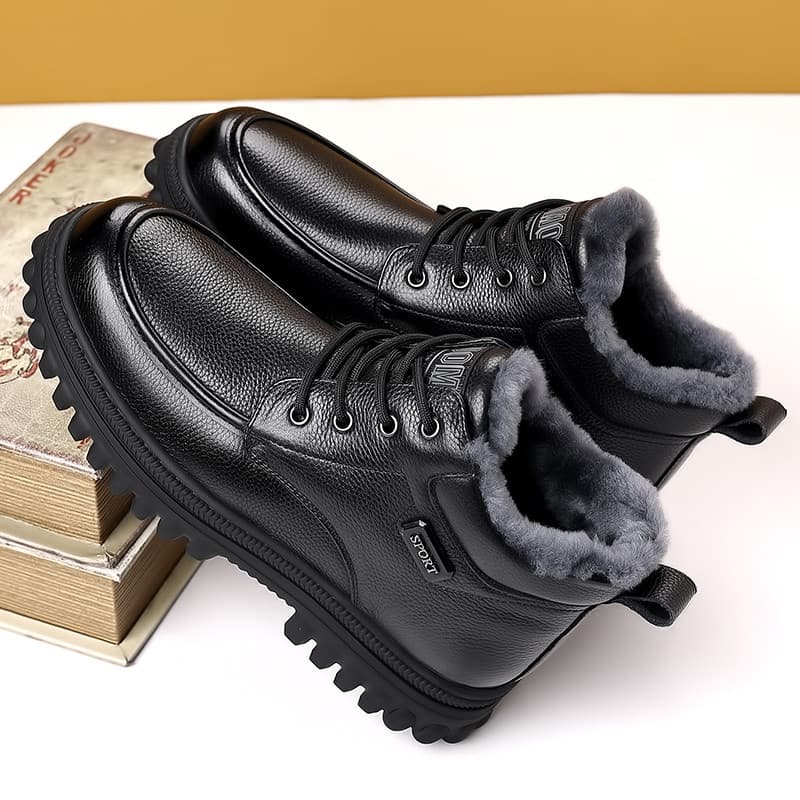 Sapatos de algodão masculinos 2025 inverno novo estilo couro genuíno lã forro de lã engrossado botas de neve quentes pai