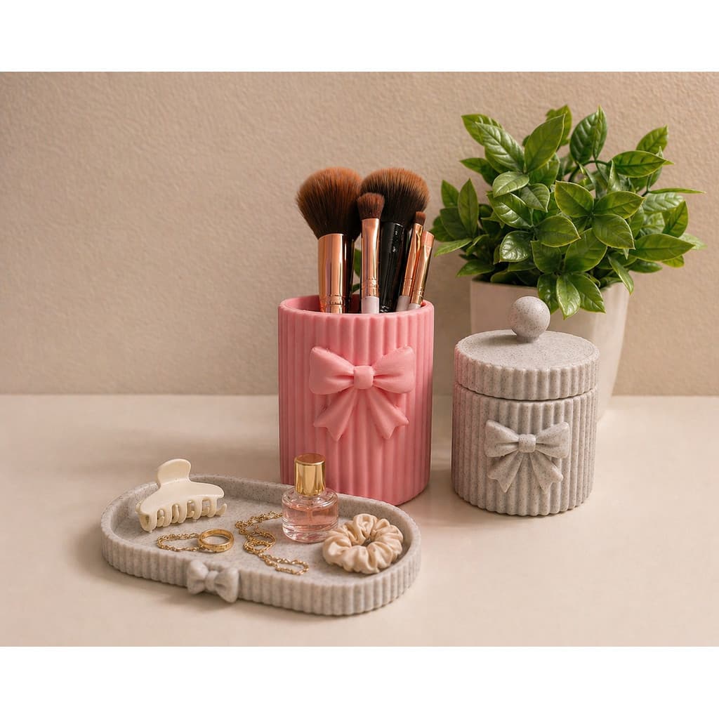 Kit Organizador de Banheiro Porta Laços, Pincéis e Bandeja em PLA | Organizador Coquette com Laço