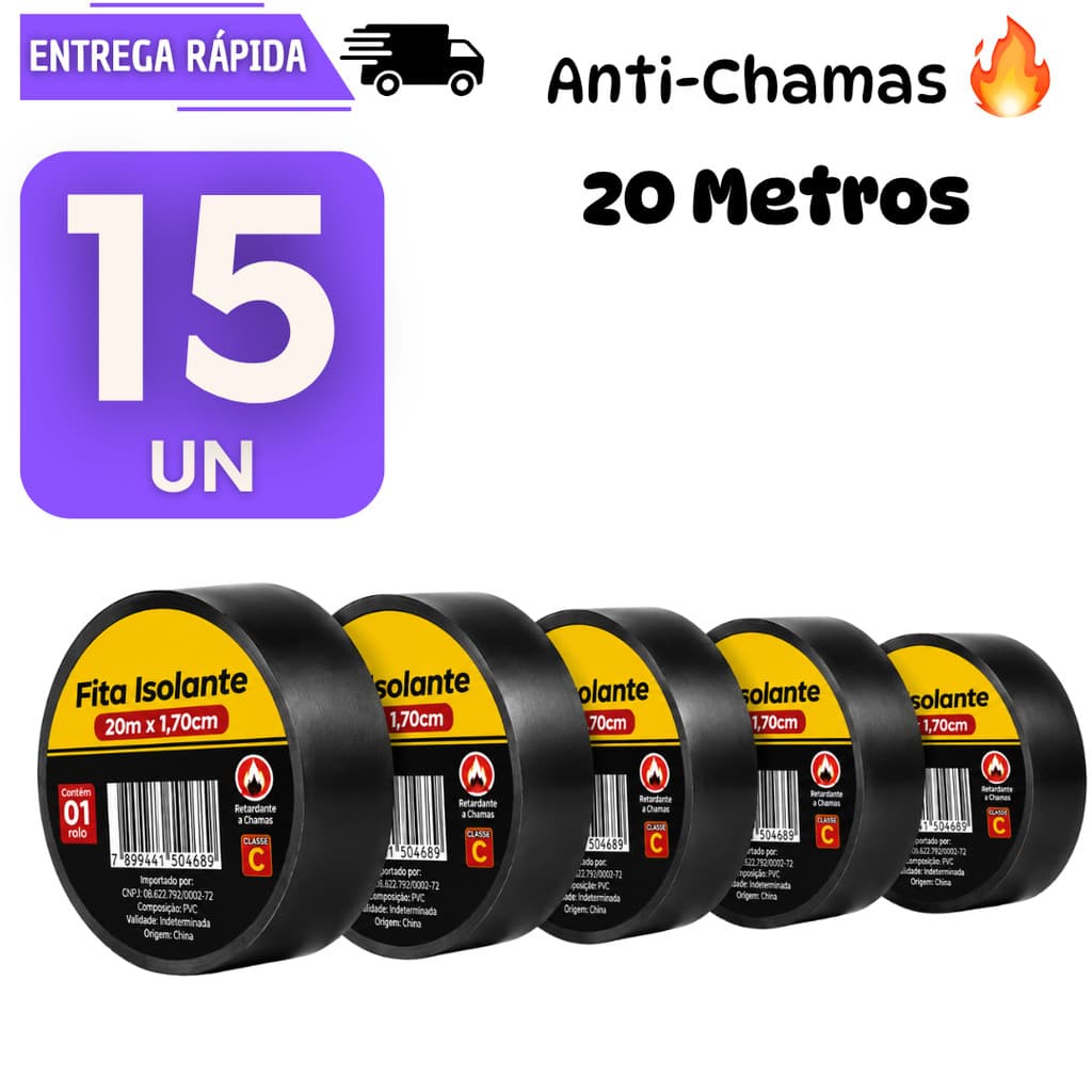 Kit 15 Fita Isolante Preta 20 metros Anti chamas Instalação Elétrica Alta Resistência Profissional Fitas Silver Cabo Fio