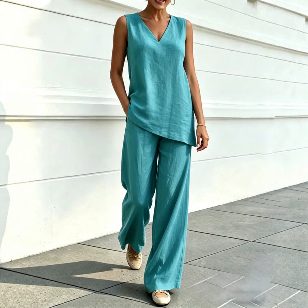 Conjunto Feminino Casual de Duas Peças: Top Sem Mangas de Algodão e Linho com Decote em V e Calças de Perna Larga