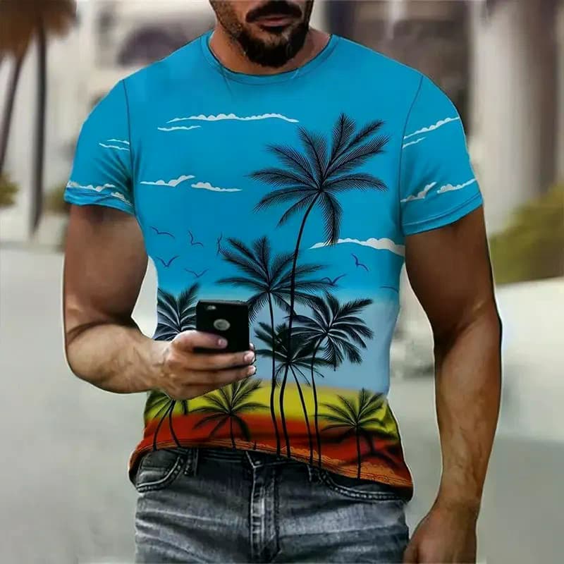 Nova Camiseta Masculina De Manga Curta Com Gola Redonda Hawaii Beach Sunset Estampada Verão Confortável Respirável Roupa