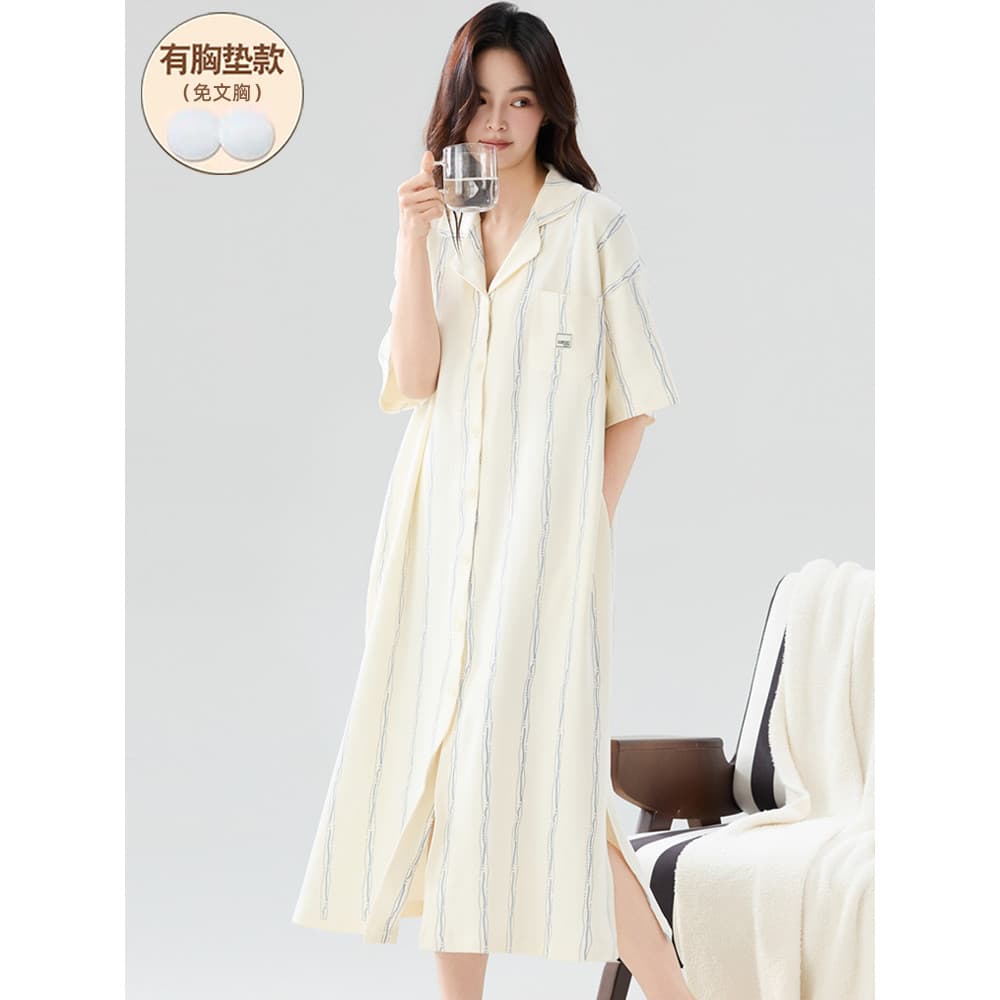 7A Camisola longa antibacteriana de algodão puro feminina verão 2025 novo estilo com almofada no peito manga curta taman