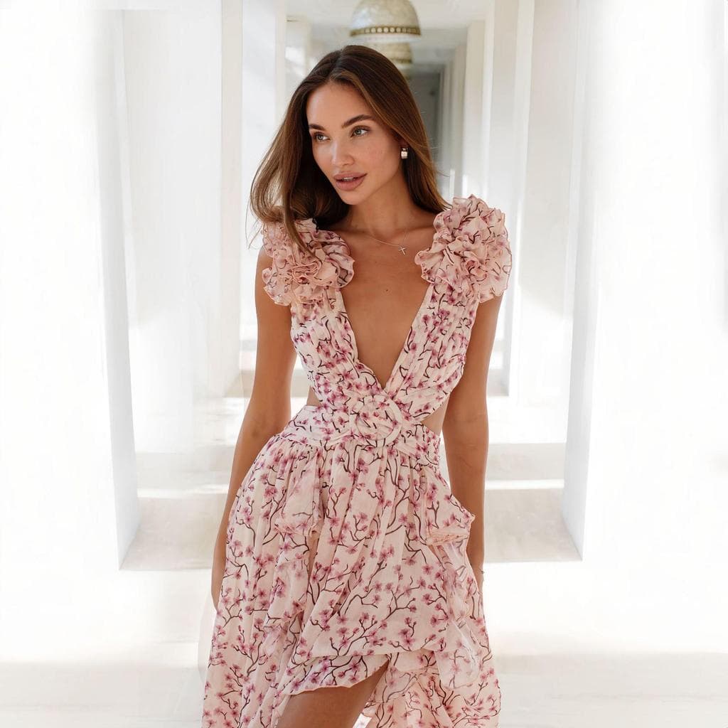 Novo estilo feminino ins férias saia longa oco fino ajuste profundo V babados Floral Halter vestido