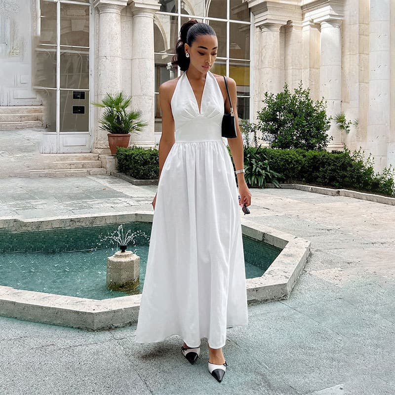 Vestidos Femininos Moda Elegante Temperamento Decote Em v Profundo Bolsa Peito Sem Costas Vestido Longo