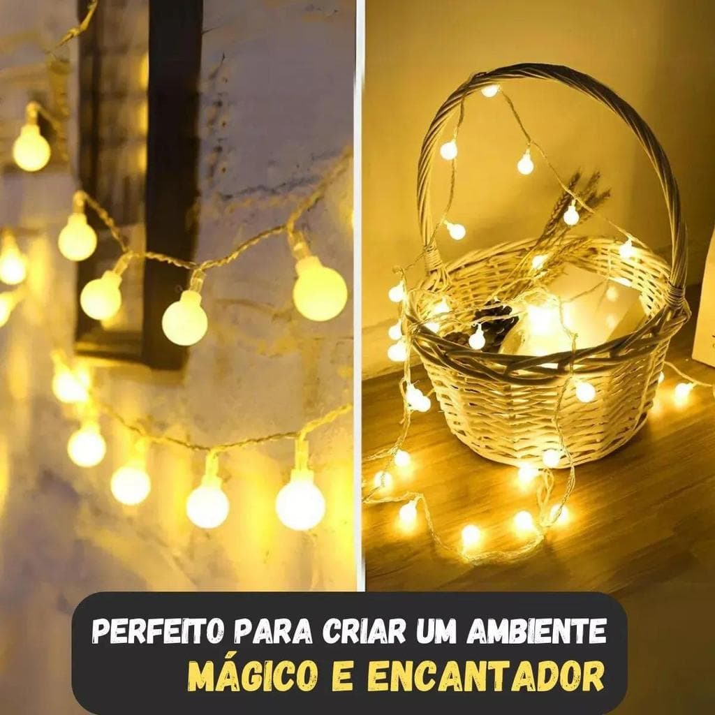 Cordão Led Varal 100 Bolinha 8 Funções 10m Fio Transparente Cor das luzes Branco Quente
